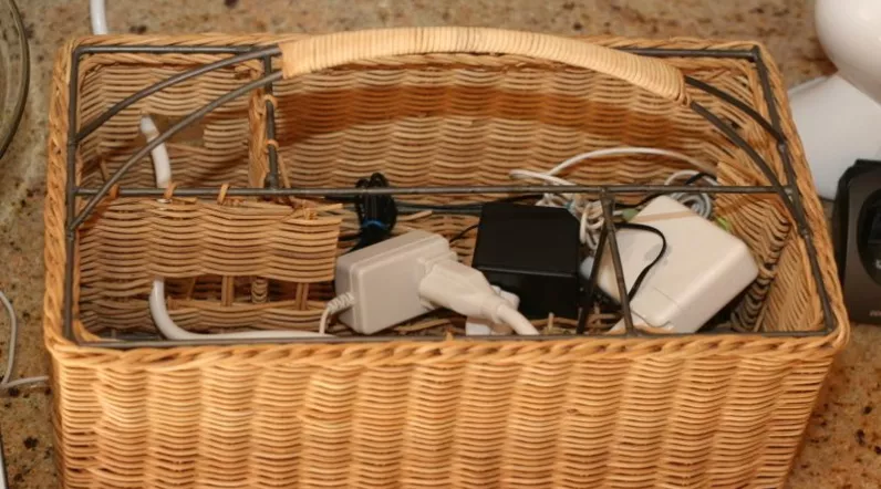 Use a Large Floor Basket as a cord hider