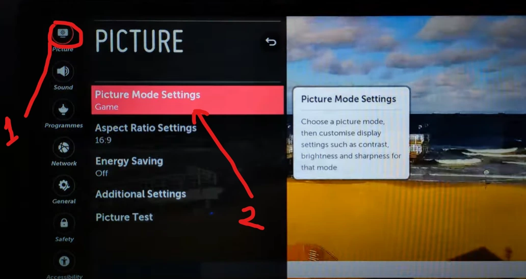 go to the picture mode settings on lg tv