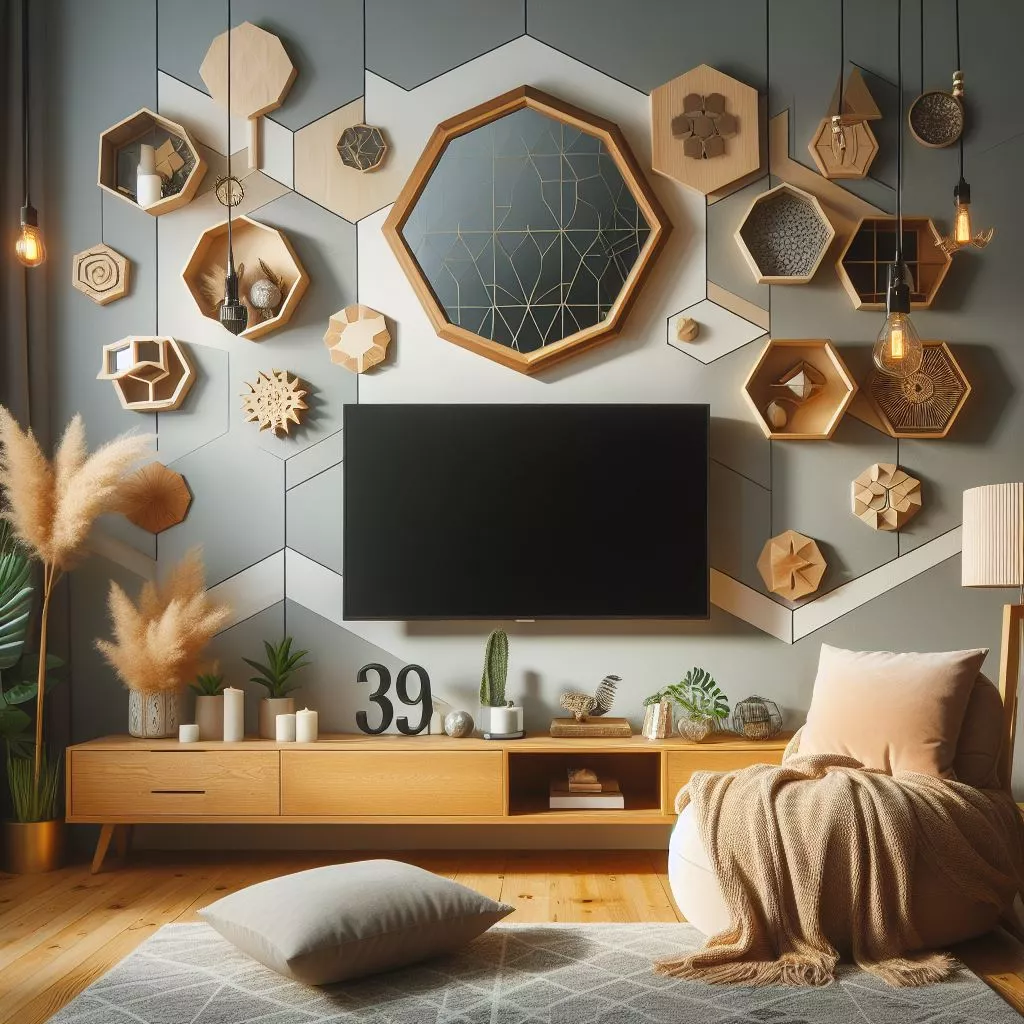 hung a hexagonal mirror above the TV, and added some geometric wall decals around it